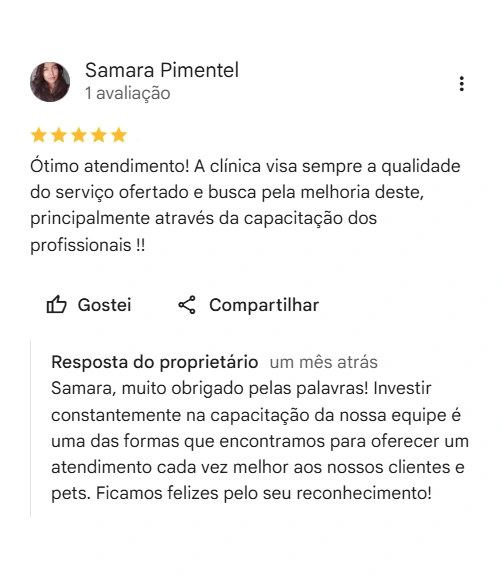 Avaliação de cliente no Google sobre a Valter Veterinários