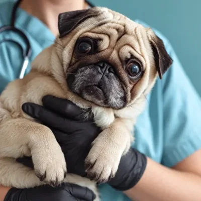 Cão pug no colo de uma veterinária